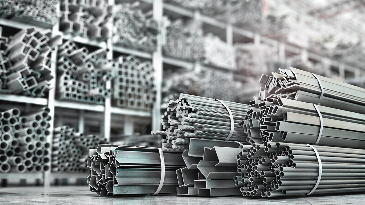 Steel profiles racked in the warehouse